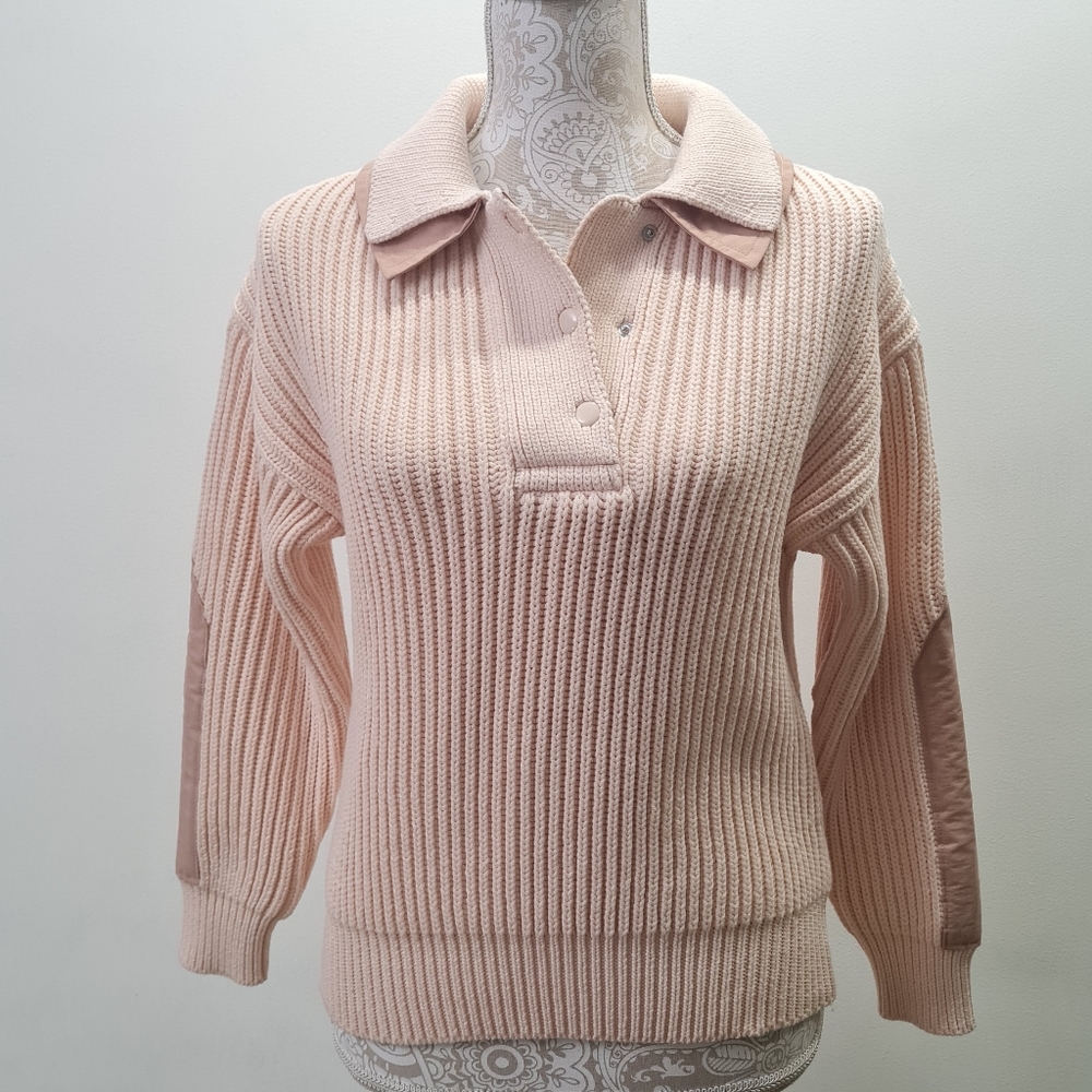 J. Crew Double Collar Ribbed Patch Sleeve Pullover Sweater Palest Peach …